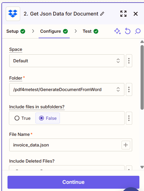 Zapier 操作显示文档数据字段，其中包含从触发器映射的 JSON 数据。